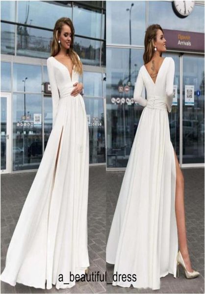 long sleeves evening dresses deep v neck high split floor length satin white ivory party dresses prom dresses ed11227401478, Black;red