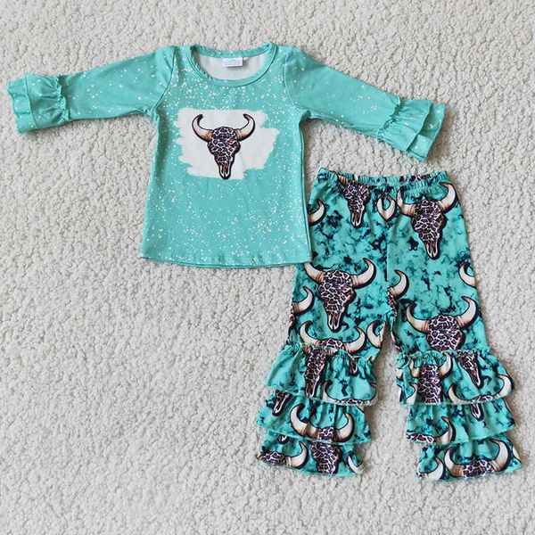 t-shirts girls' clothes polka dot green long-sleeved blouse ox head ruffled trousers 2 pieces of boutique children's clothing set, Blue
t-shirts girls' clothes polka dot green long-sleeved blouse ox head ruffled trousers 2 pieces of boutique children's clothing set, Blue