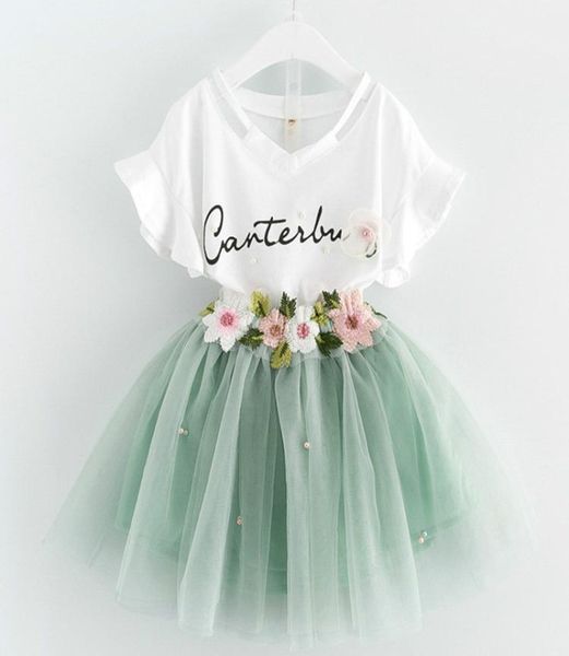 new baby girls clothes kids letter printed tshirt with flower applique and chiffon skirt summer children clothing set1283027, White