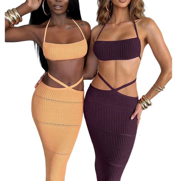 two piece dres knitted skirt sets summer clothes fashion tieup halter vest crop and cross tight long suit club 230627, White
two piece dres knitted skirt sets summer clothes fashion tieup halter vest crop and cross tight long suit club 230627, White