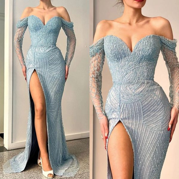 blue beading prom dresses off shoulder long sleeves party evening dress high split sheath sweep train dresses for special occasions, Black
blue beading prom dresses off shoulder long sleeves party evening dress high split sheath sweep train dresses for special occasions, Black