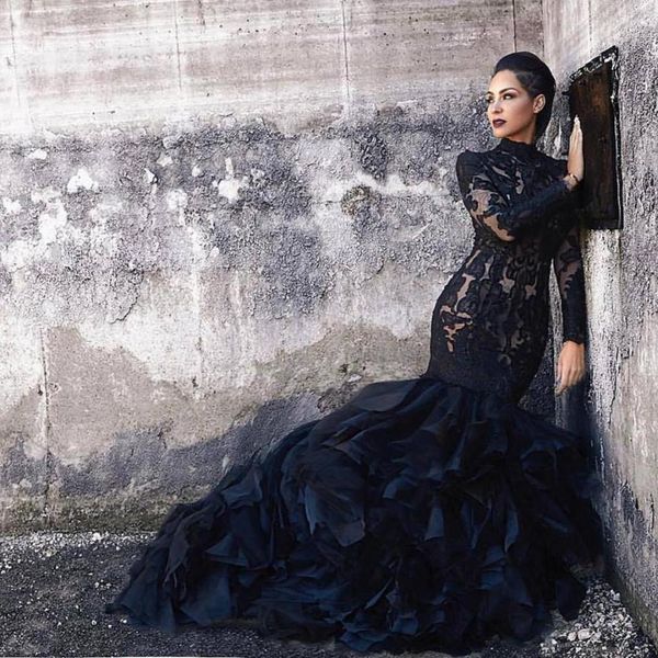 black mermaid lace wedding dresses with long sleeves high neck ruffles skirt women non white bridal gowns with color couture custo3232428
black mermaid lace wedding dresses with long sleeves high neck ruffles skirt women non white bridal gowns with color couture custo3232428