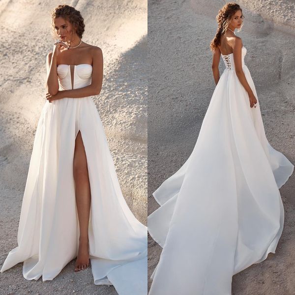 milla nova boho a line wedding dresses for bride strapless satin wedding dress pleats thigh slit designer bridal gowns, White
milla nova boho a line wedding dresses for bride strapless satin wedding dress pleats thigh slit designer bridal gowns, White