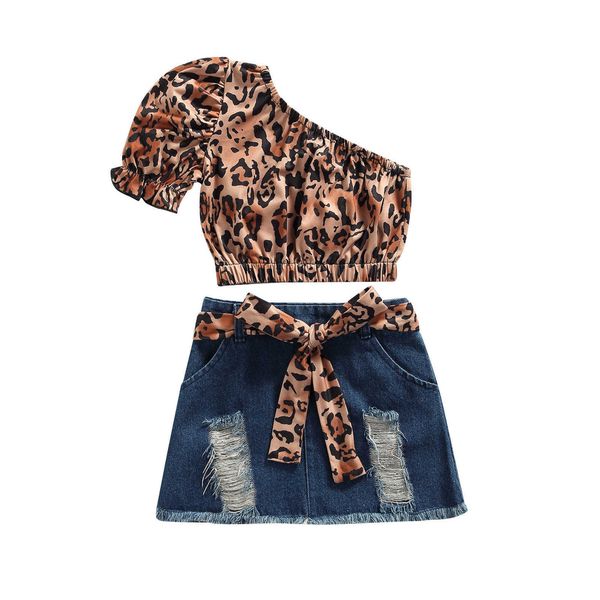 t-shirts toddler baby girls clothes two piece suit fashion leopard one-shoulder t-shirt and ripped denim short skirt x0628, Blue
t-shirts toddler baby girls clothes two piece suit fashion leopard one-shoulder t-shirt and ripped denim short skirt x0628, Blue