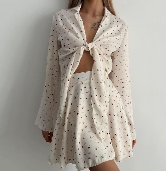 women's set 2023 summer new sweet love print tie up shirt half skirt fashion women's two piece dress, White
women's set 2023 summer new sweet love print tie up shirt half skirt fashion women's two piece dress, White