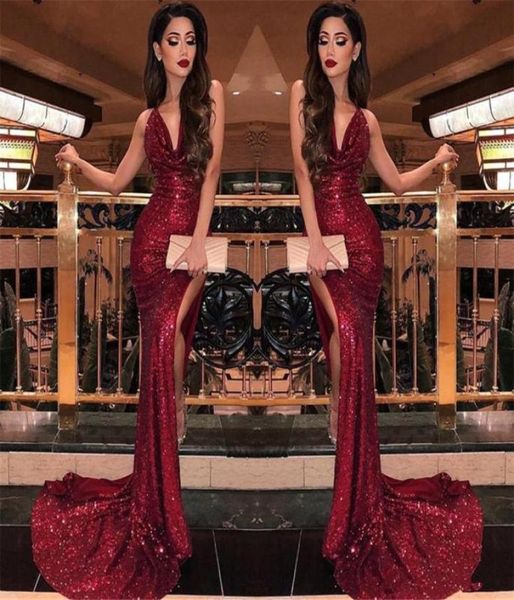 2019 burgundy v neck sequins mermaid prom dresses high slits vestidos de fiesta sweep train formal long evening party prom go9422440, Black
2019 burgundy v neck sequins mermaid prom dresses high slits vestidos de fiesta sweep train formal long evening party prom go9422440, Black