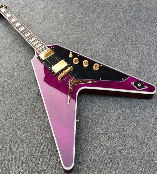rare trans purple flame maple flying v electric guitar black pickguard string thru body bridge gold hardware9708768
rare trans purple flame maple flying v electric guitar black pickguard string thru body bridge gold hardware9708768