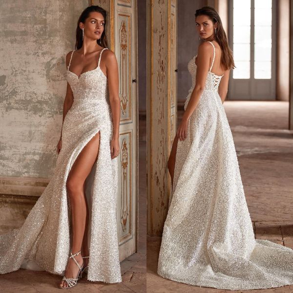 milla nova sheath wedding dresses for bride glitter sequins spaghetti wedding dress thigh slit robe de mariee lace up back bridal gowns, White
milla nova sheath wedding dresses for bride glitter sequins spaghetti wedding dress thigh slit robe de mariee lace up back bridal gowns, White
