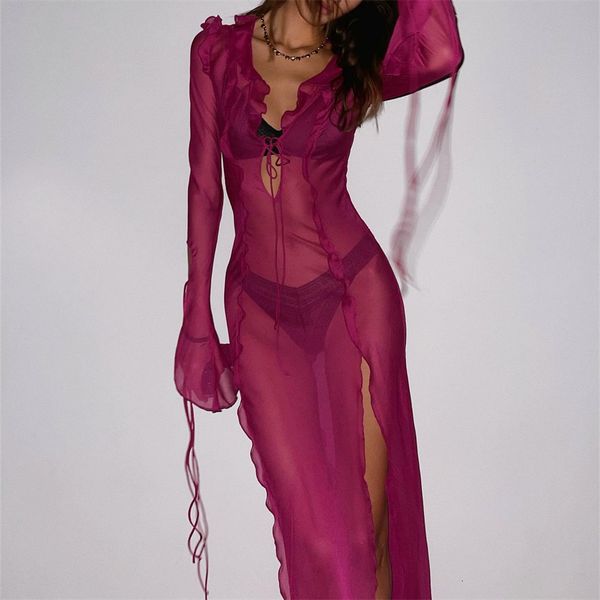 basic casual dresses see through ruffles mesh v neck tie up beach long dress 2023 summer sleeve high split hem bikini cover ups 230629, Black;gray
basic casual dresses see through ruffles mesh v neck tie up beach long dress 2023 summer sleeve high split hem bikini cover ups 230629, Black;gray