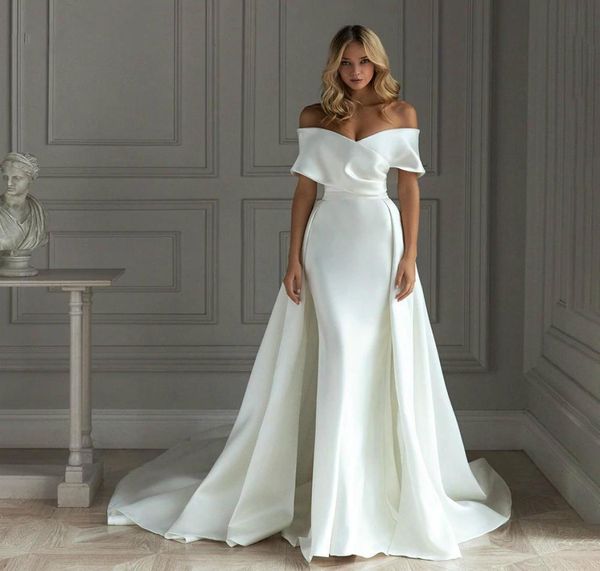 2021 satin mermaid wedding dress with detachable train off shoulder floor length bride dresses vestido de noiva1097545, White
2021 satin mermaid wedding dress with detachable train off shoulder floor length bride dresses vestido de noiva1097545, White