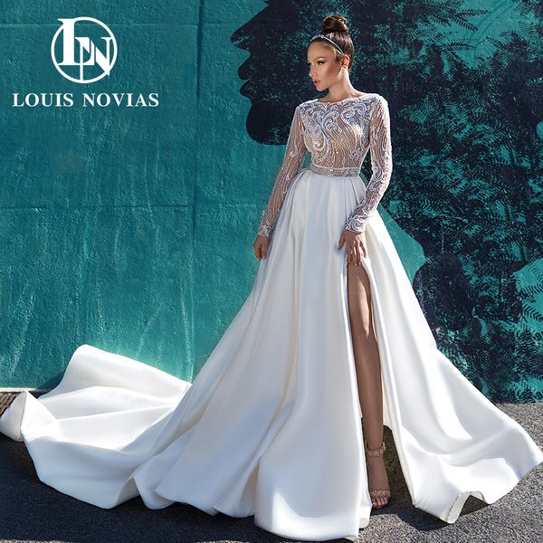 a-line wedding dress 2023 long sleeves scoop semi-transparent sequins split side chapel train satin dress for bride vestidos de novia, White
a-line wedding dress 2023 long sleeves scoop semi-transparent sequins split side chapel train satin dress for bride vestidos de novia, White