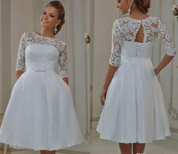 2019 aline modest white sleeves prom dress pockets sheer neck lace up knee length lace bridal short custom made9824381, Black
2019 aline modest white sleeves prom dress pockets sheer neck lace up knee length lace bridal short custom made9824381, Black