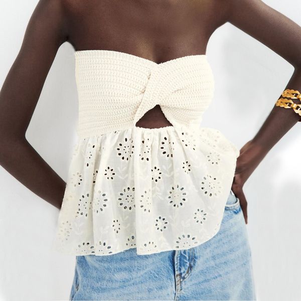 women's tanks twist knot knit embroidery strapless hollow crop tube tank top, White
women's tanks twist knot knit embroidery strapless hollow crop tube tank top, White
