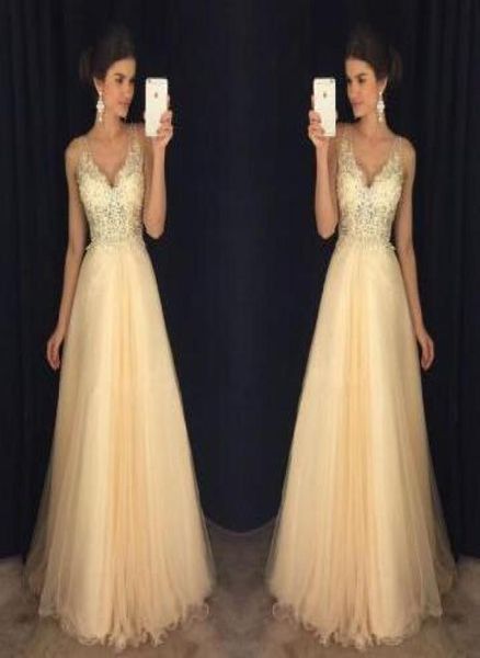 2019 champagne long prom dresses backless illusion aline tulle vneck straps open back corset evening party gowns for girls custo2438122, Black
2019 champagne long prom dresses backless illusion aline tulle vneck straps open back corset evening party gowns for girls custo2438122, Black