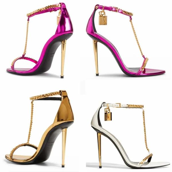 women high heels sandal shoes tom--sandal mirror padlock t-strap chain leather sandals wedding party dress gold heels with box, Black
women high heels sandal shoes tom--sandal mirror padlock t-strap chain leather sandals wedding party dress gold heels with box, Black