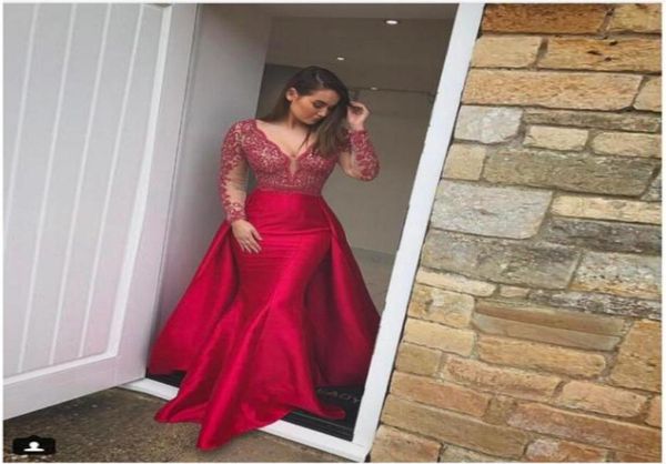 red long sleeves prom dress with overskirts lace applique deep vneck mermaid formal wear evening dresses satin sweep train party8577618, Black
red long sleeves prom dress with overskirts lace applique deep vneck mermaid formal wear evening dresses satin sweep train party8577618, Black