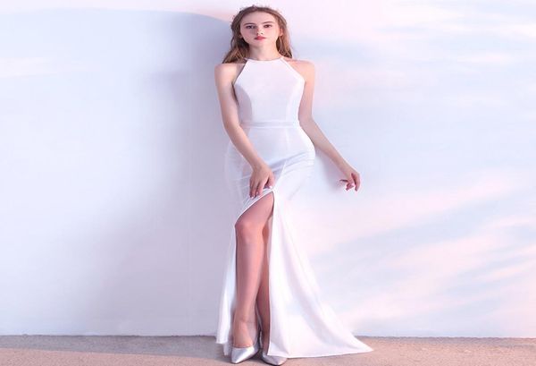 halter neck elastic satin evening dresses 2020 white black burgundy split evening prom gowns floor length party dress 07176360416, Black;red 
halter neck elastic satin evening dresses 2020 white black burgundy split evening prom gowns floor length party dress 07176360416, Black;red