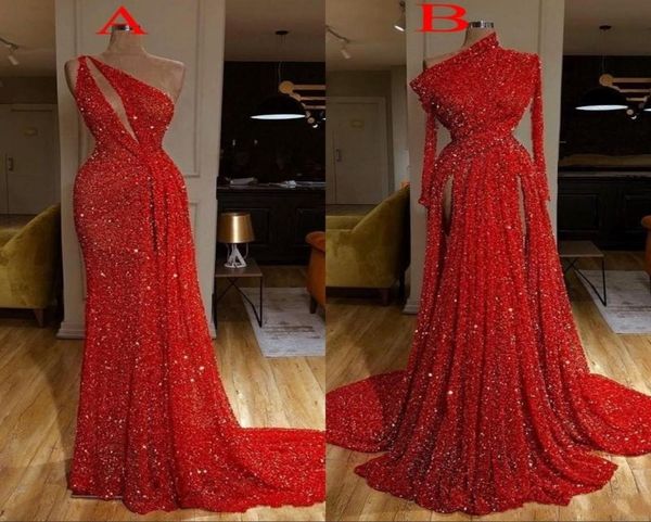 new arrival long sleeve red mermaid prom dresses one shoulder sequins high side split floor length pleatsformal evening gowns robe2543367, Black