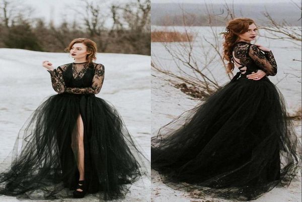 vintage bobemian black lace tulle gothic wedding dresses with long sleeves sheer slit skirt women non white bridal gown n7407409
vintage bobemian black lace tulle gothic wedding dresses with long sleeves sheer slit skirt women non white bridal gown n7407409