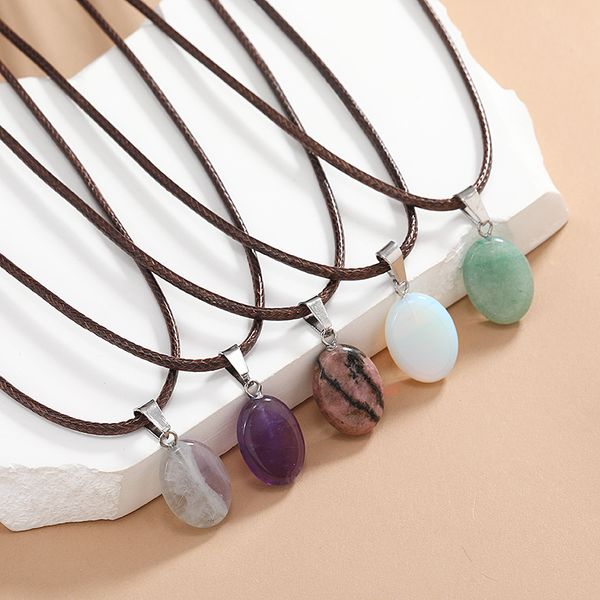 trendy ellipse shape quartz opal natural stone pendant necklace for women men brown leather rope chain bohemia jewelry gift, Silver
trendy ellipse shape quartz opal natural stone pendant necklace for women men brown leather rope chain bohemia jewelry gift, Silver