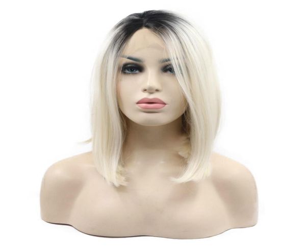dark roots ombre platinum blonde bob hairstyle synthetic lace front wigs middle parting 60 short straight heat resistant fiber ha4211033, Black 
dark roots ombre platinum blonde bob hairstyle synthetic lace front wigs middle parting 60 short straight heat resistant fiber ha4211033, Black