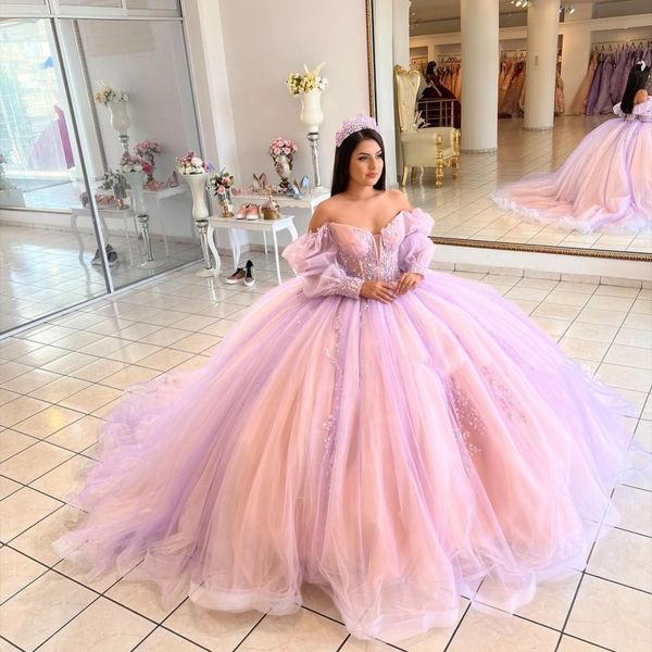 lavender tulle long puff sleeves ball gown flower quinceanera dresses appliques flowers puff sleeve sheer formal princess party, Blue;red
lavender tulle long puff sleeves ball gown flower quinceanera dresses appliques flowers puff sleeve sheer formal princess party, Blue;red
