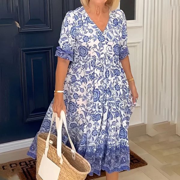 basic casual dresses c floral printed boho dress summer short sleeve long female v neck pleated loose beach party 230627, Black;gray
basic casual dresses c floral printed boho dress summer short sleeve long female v neck pleated loose beach party 230627, Black;gray
