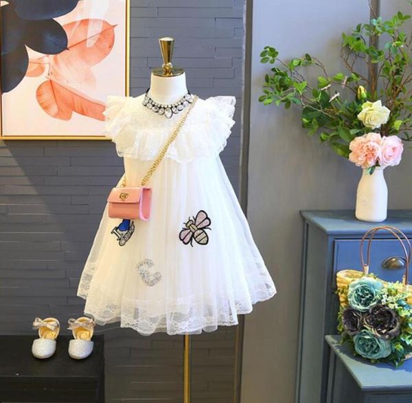 retail baby girls039 embroidered bee sleeveless dresses summer lace lotus leaf edge tulle ruffled aline party princess dress k6753928, Red;yellow
