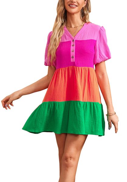 women mini dress short puff sleeve color block casual summer dress v-neck a-line tiered empire waist button, Black;gray
women mini dress short puff sleeve color block casual summer dress v-neck a-line tiered empire waist button, Black;gray