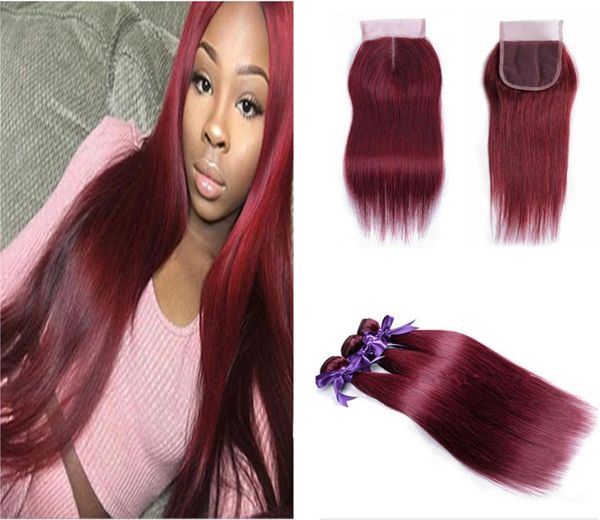 99j human hair weave with lace closure burgundy straight brazilian virgin hair 3 bundles with lace closure wine red silk straight 1577117, Black;brown