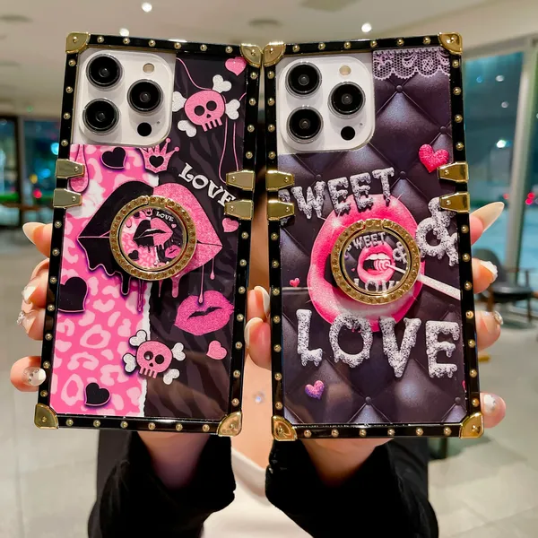 Image of Fashion Skull Lips Queen Diamond Ring Holder Square Case For iPhone 15 14 13 12 11Pro mini Max XR XS 6S 7 8Plus SE2 Colorful Pink Cover