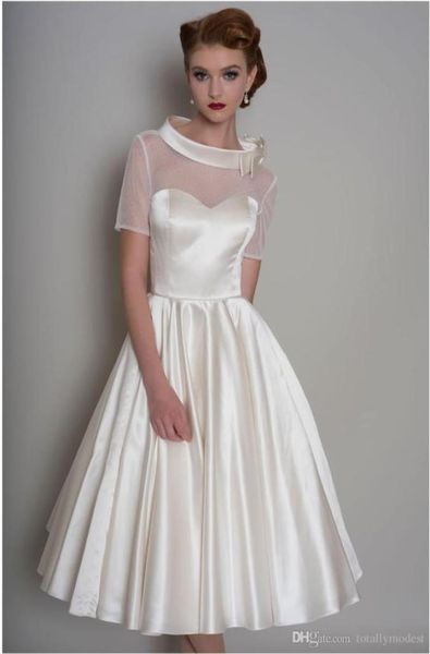 knee length vintage short wedding dresses with short sleeves high neck sheer neck and back 50s informal bridal gowns custom made s1676730, White
knee length vintage short wedding dresses with short sleeves high neck sheer neck and back 50s informal bridal gowns custom made s1676730, White