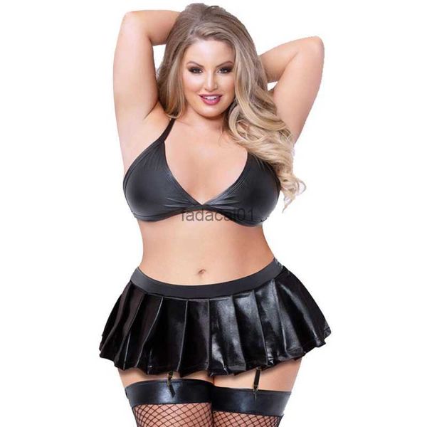 women plus size faux leather black lingerie set halter vneck backless bra with mini pleated skirt night clubwear l230621
women plus size faux leather black lingerie set halter vneck backless bra with mini pleated skirt night clubwear l230621