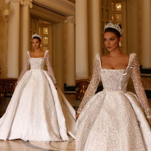 luxurious square collar wedding dresses ball gown sparkling sequined lace full sleeve bridal dress custom made gowns, White
luxurious square collar wedding dresses ball gown sparkling sequined lace full sleeve bridal dress custom made gowns, White