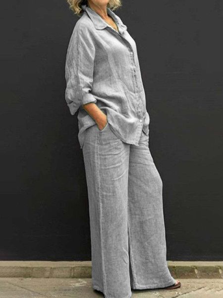 women s tracksuit cotton linen suits 2023 elegant solid long sleeve shirt wide leg trousers two piece set female casual straight pants 23062, Gray
women s tracksuit cotton linen suits 2023 elegant solid long sleeve shirt wide leg trousers two piece set female casual straight pants 23062, Gray