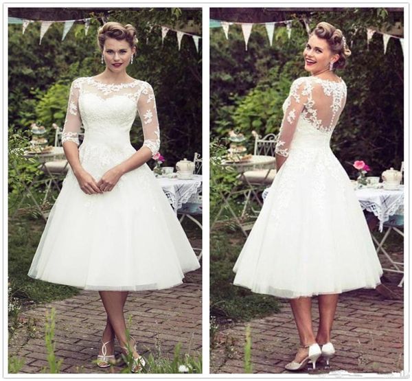 vintage 50039s style short lace wedding dresses half sleeves tulle lace applique tea length bridal wedding gowns with buttons c3799644, White
vintage 50039s style short lace wedding dresses half sleeves tulle lace applique tea length bridal wedding gowns with buttons c3799644, White