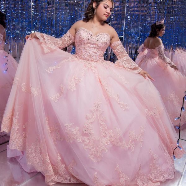 pink sweetheart ball gown quinceanera dresses long sleeved vestidos de 15 anos applique lace crystal tulle sweet 16 princess party gown, Blue;red
pink sweetheart ball gown quinceanera dresses long sleeved vestidos de 15 anos applique lace crystal tulle sweet 16 princess party gown, Blue;red