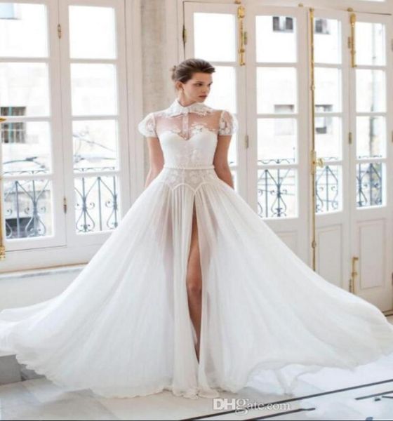 2019 new classic riki dalal wedding dresses high split with high neck and short sleeves appliques chiffon with soft lining bridal 9514425, White
2019 new classic riki dalal wedding dresses high split with high neck and short sleeves appliques chiffon with soft lining bridal 9514425, White