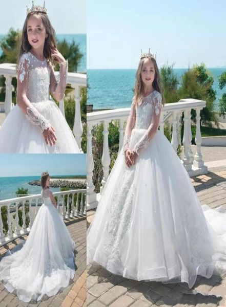 2022 vintage sheer jewel lace appliques tulle first communion dress ball gown long sleeve flower girl dresses with pearls c0530l81458825, White;blue 
2022 vintage sheer jewel lace appliques tulle first communion dress ball gown long sleeve flower girl dresses with pearls c0530l81458825, White;blue