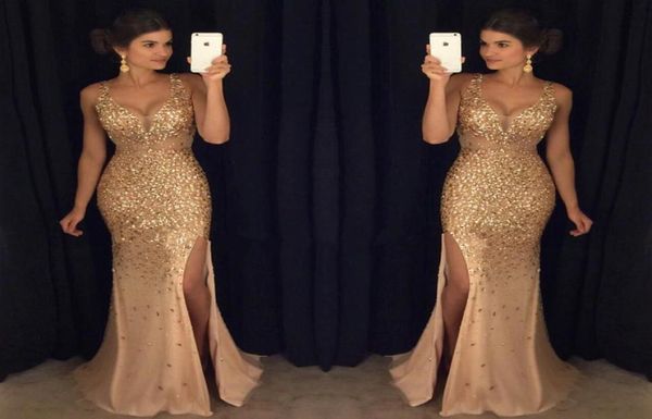 gold bling prom dresses mermaid crystal beaded vneck high side split floor length tulle satin long formal evening gowns cust9608795, Black
gold bling prom dresses mermaid crystal beaded vneck high side split floor length tulle satin long formal evening gowns cust9608795, Black
