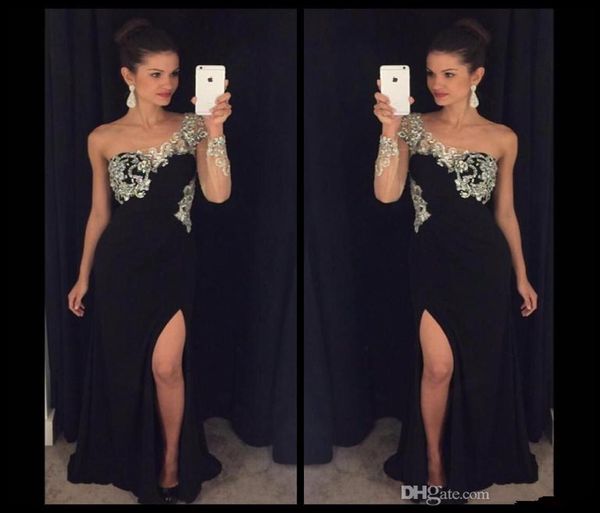 one shoulder black evening dresses applique beaded long sleeve side split sheath chiffon formal prom party gowns vestidos de fiest5983027, Black;red
one shoulder black evening dresses applique beaded long sleeve side split sheath chiffon formal prom party gowns vestidos de fiest5983027, Black;red
