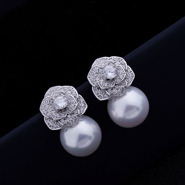 

luxury natural white pearl camellia flower stud earrings delicate shiny white austrian crystal flower ball pearl earring for women bride wed, Golden;silver