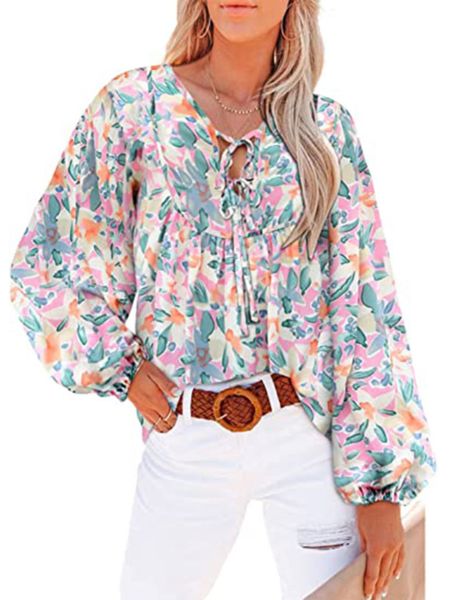 women long sleeve floral ruffled printed v-neck chiffon, White