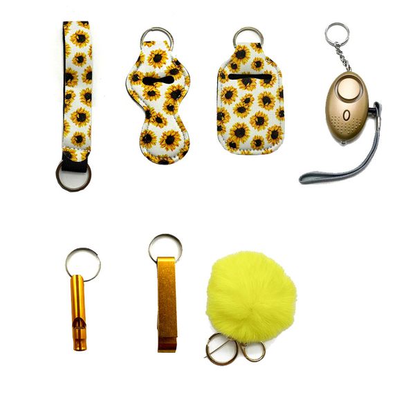 yellow safety keychain seven-piece set with liquid bottle sleeve lipstick sleeve alarm whistle bottle opener hairball self-defense keychain, Silver
yellow safety keychain seven-piece set with liquid bottle sleeve lipstick sleeve alarm whistle bottle opener hairball self-defense keychain, Silver