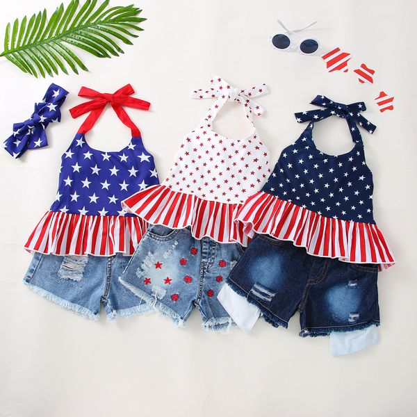 16196 baby girls outfits set star ruffles slip halter with denim shorts kids children 2pcs clothing suit, White
16196 baby girls outfits set star ruffles slip halter with denim shorts kids children 2pcs clothing suit, White