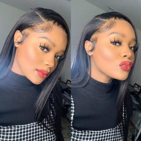 straight wig 26 inch no glue straight lace front wigs bone human hair wigs lace front wigs 13x6 clear women's wigs, Black;brown