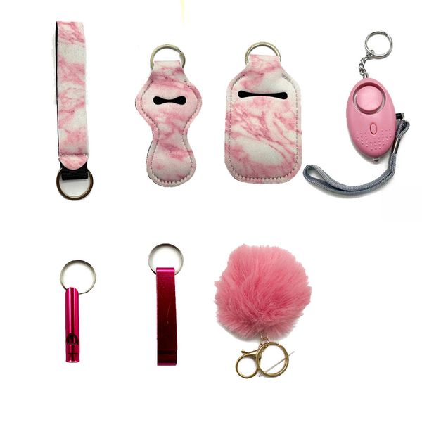 pink safety keychain seven-piece set with liquid bottle sleeve lipstick sleeve alarm whistle bottle opener hairball self-defense keychain, Silver
pink safety keychain seven-piece set with liquid bottle sleeve lipstick sleeve alarm whistle bottle opener hairball self-defense keychain, Silver
