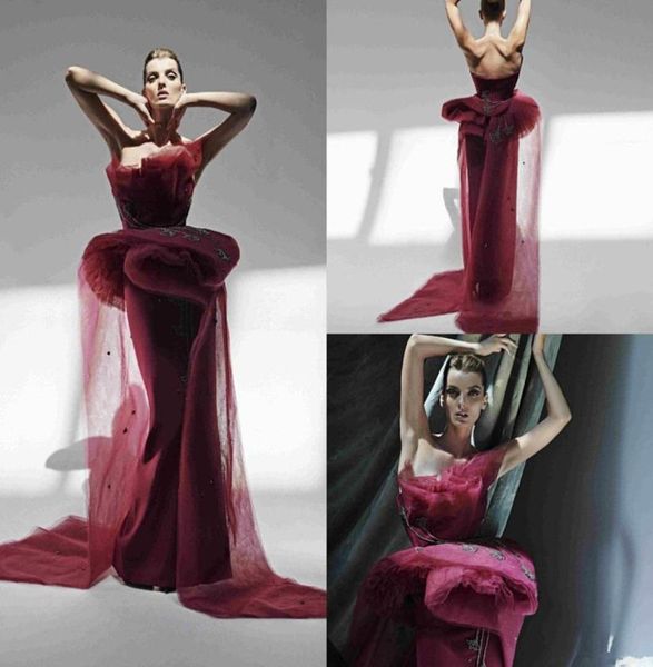 2020 azzi osta burgundy prom dresses tulle strapless sweep train embroidery mermaid evening dress custom made ruffles robes de s2741293, Black
2020 azzi osta burgundy prom dresses tulle strapless sweep train embroidery mermaid evening dress custom made ruffles robes de s2741293, Black