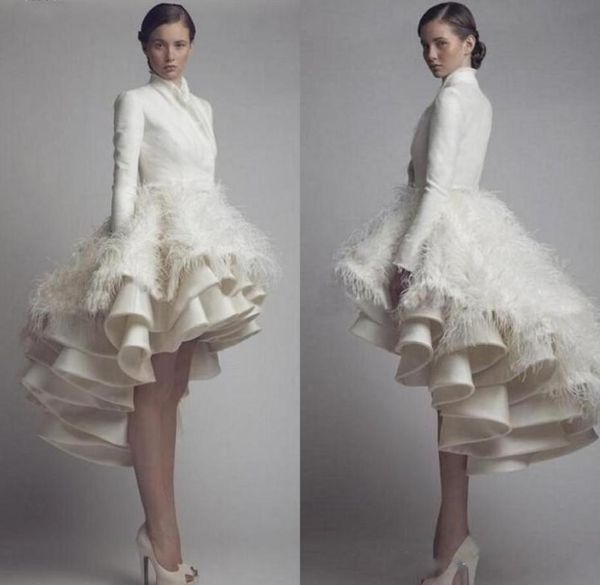 high collar long sleeves taffeta high low wedding gowns layered ruffles luxury bridal gowns with feather modest party special occa9059500, White
high collar long sleeves taffeta high low wedding gowns layered ruffles luxury bridal gowns with feather modest party special occa9059500, White