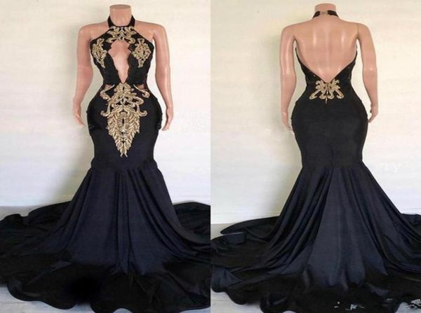 black backless v neck long mermaid prom dresses 2020 halter gold applique satin backless african black girls formal party gow6040513
black backless v neck long mermaid prom dresses 2020 halter gold applique satin backless african black girls formal party gow6040513